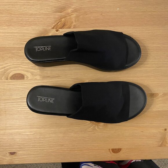 Black, platform, wedge fabric slide shoe. Platform height 1.75 inches, Size 10. - Picture 2 of 13